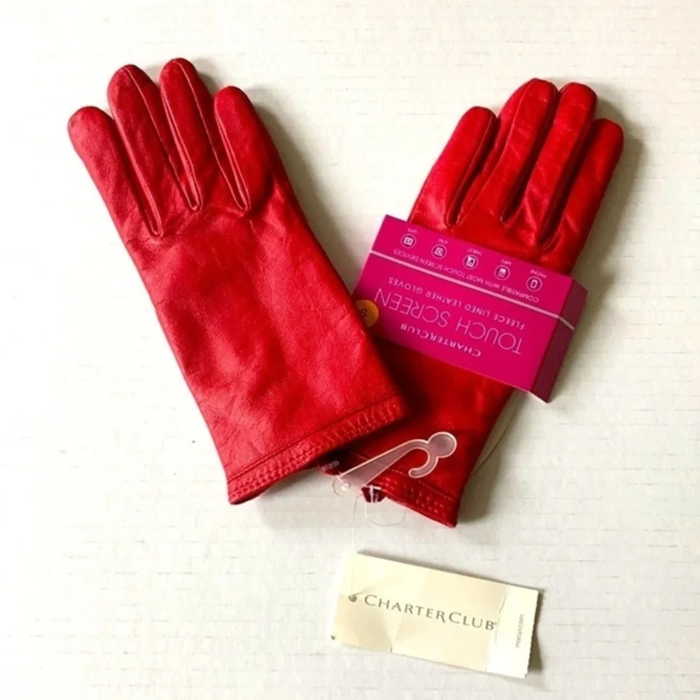 Nwt CHARTER CLUB red 100% leather touch‎ screen gloves SMALL